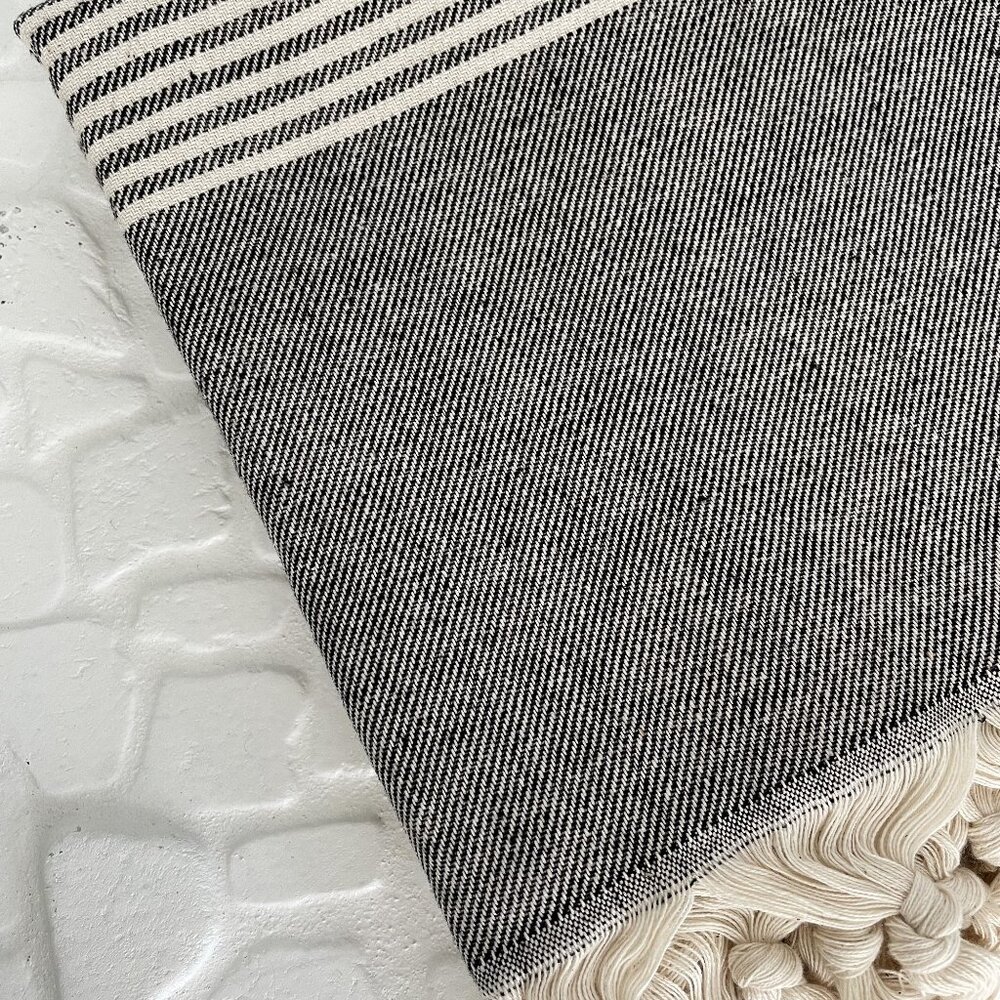 Black and Cream Striped Beach Towel with Fringe